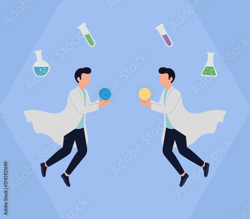 Two scientists in lab coats levitate, exchanging orbs of energy, symbolizing scientific collaboration, discovery, and innovation surrounded by lab equipment