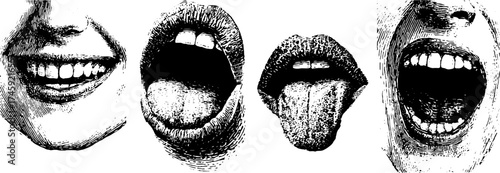 Expressive lips and mouths set: smile, scream, and kiss in vintage dotwork style