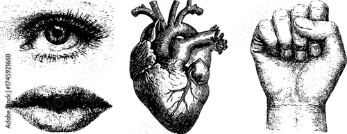 Emotional expression through eye, heart, and fist with vintage dotwork engraving