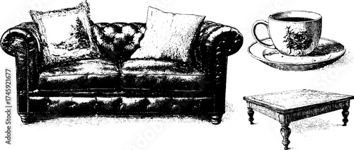 Vintage sofa with pillows, coffee, and table set - stipple effect design for interior concepts