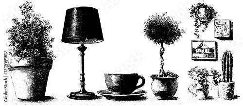 Vintage home decor: potted plants, tableware, and lamp for classic interior design