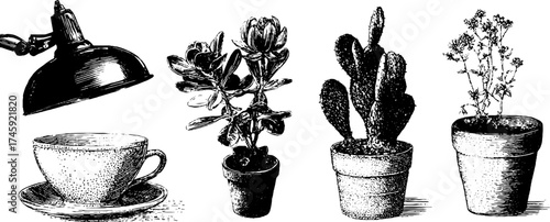 Vintage stipple table setting with potted plants and lighting for design and decor