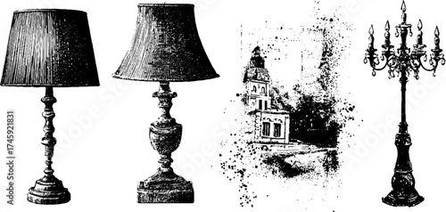 Vintage lighting collection - table lamp, floor lamp, wall sconce, chandelier etching for interior decor