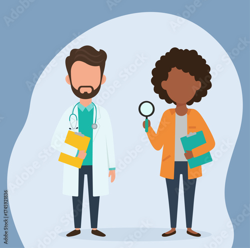 A diverse male doctor and female researcher stand together, representing medical consultation, healthcare services, and scientific investigation