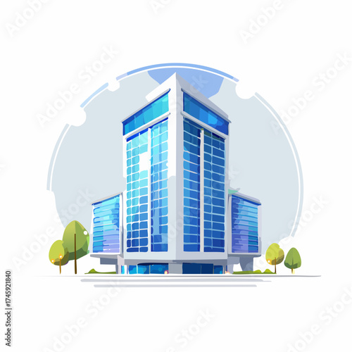 Modern Blue Glass Skyscraper Building with Trees Illustration.
