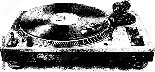 Vintage vinyl record player set with tonearm and record brush in stipple style for retro music enthusiasts