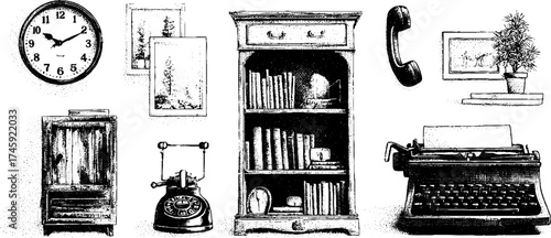 Vintage home office essentials: wall clock, bookshelf, typewriter, and telephone