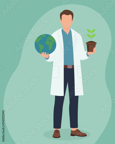 A scientist in a lab coat holds the Earth and a plant, symbolizing the balance between science, environmental protection, and sustainable growth