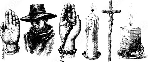 Contemplative monk with rosary, candles, and walking stick - spiritual journey collection