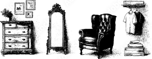Vintage home decor elements: wardrobe, dresser, mirror, armchair for interior design