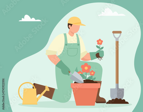 A young man in overalls is gardening, potting a red flower. This flat vector illustration shows a tranquil hobby with tools like a trowel, shovel, and watering can