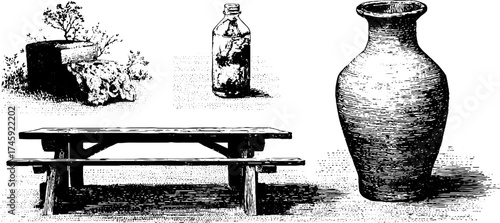 Rustic wooden table and clay vase set for vintage home decor and design inspiration