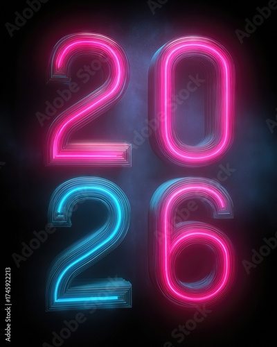 Glowing Neon Numbers 2026 on a Dark Background for New Year Celebration