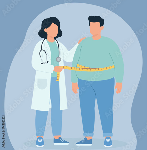A female doctor measures an overweight man's waist with a tape measure, illustrating a health consultation about weight management and obesity