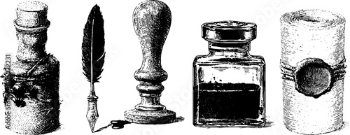 Vintage writing tools set with quill pen, ink bottle, wax seal, and paper roll for classic document design