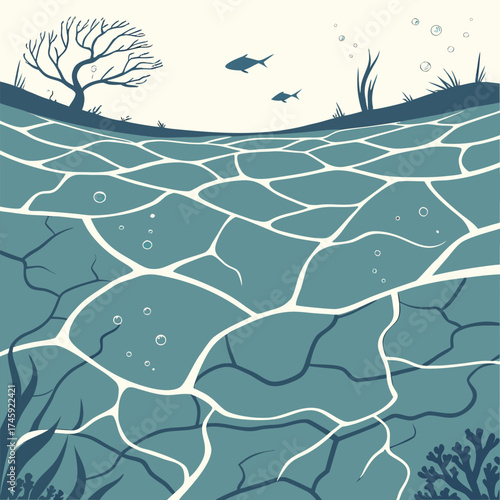 Underwater scene with stylized waves and aquatic life