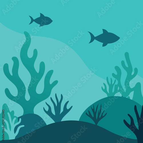 Underwater seascape with silhouetted coral and fish in turquoise and dark blue
