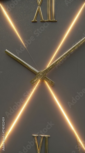 Golden Clock Displays Midnight as Light Crosses Its Elegant Hands and Shiny Numbers
