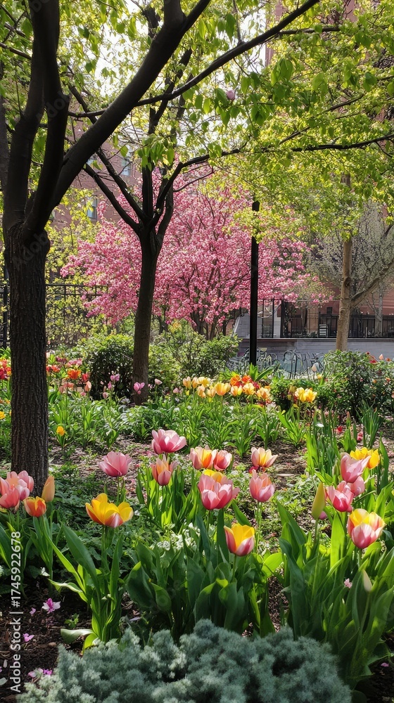 Fototapeta premium A garden with many flowers including pink and yellow tulips