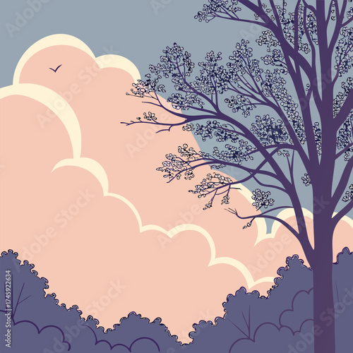 Stylized Tree Silhouette Against Pastel Clouds and Sky