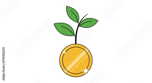 A golden coin with a green plant sprouting from its center, symbolizing financial growth and investment.