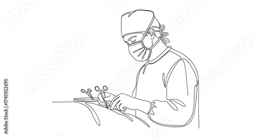 Vector continuous line drawing of surgeon performing operation with surgical tools present in the image