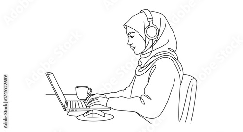 Vector a woman wearing a hijab and headphones typing on a laptop with a mug and mouse on the table