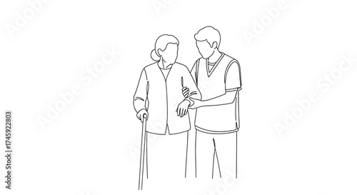 Vector man assists senior lady with cane in line drawing illustration on a plain setting view image art