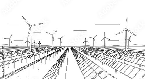 Vector illustration of wind turbines and solar panels in a renewable energy landscape view vector design