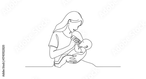 Vector continuous line drawing of a woman feeding a baby with a bottle in her arms gently smiling