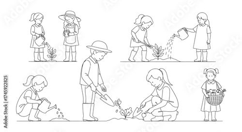 Vector children gardening illustration showing kids planting and watering plants in a garden area