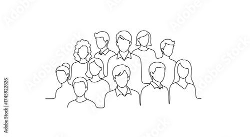 Vector line drawing of a crowd of people with varied hairstyles and clothing styles in a group setting