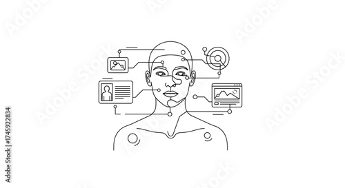 Vector human figure with interface elements connected by lines in a schematic representation style drawing art