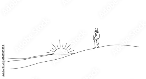 Vector line drawing of person with backpack looking at sunrise over hills in a minimalist style image