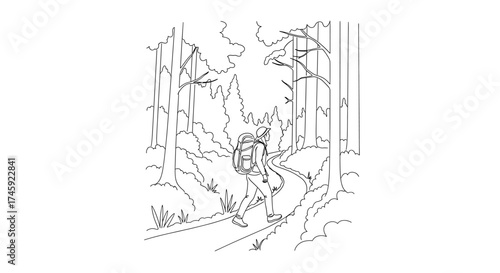 Vector a person with a backpack walks along a path through a forest with tall trees and lush foliage around them