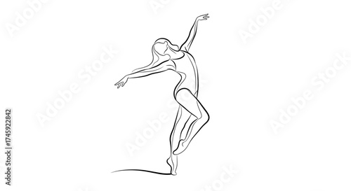 Vector line drawing of a female dancer in a leotard with arms raised and legs posed in a graceful position