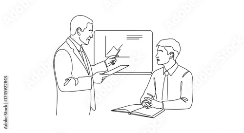 Vector two men discussing a graph presentation, one pointing with a pen and holding a document