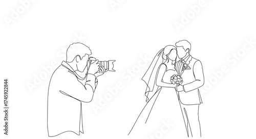 Vector continuous line drawing of a photographer taking pictures of a bride and groom at their wedding