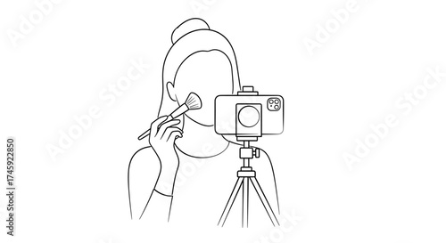 Vector line drawing of a woman applying makeup in front of a phone camera mounted on a tripod stand