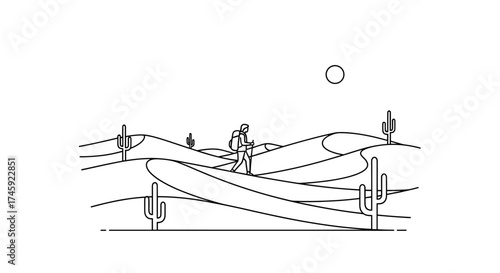 Vector a person walking with a backpack in a desert landscape with cacti and a sun in the sky line art