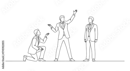 Vector continuous line drawing of three men in suits with varying poses and gestures illustration art