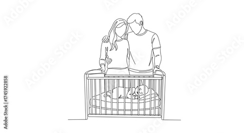 Vector line drawing of parents watching over their baby sleeping peacefully in a crib at home now