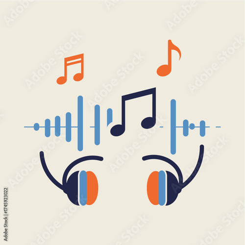 Flat design of music therapy vector featuring music notes, sound waves, and headphones to illustrate stress relief, mental clarity, and emotional healing through sound