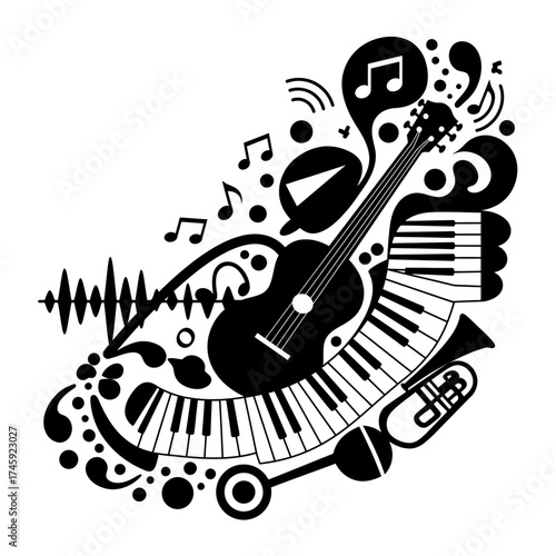 Music therapy abstract design showing piano keys, notes, and rhythm waves for healing and creativity, symbolizing relaxation and emotional balance through sound