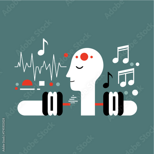 Minimalist vector design for music therapy concept showing headphones with musical notes flowing around, representing relaxation, creativity, and emotional balance