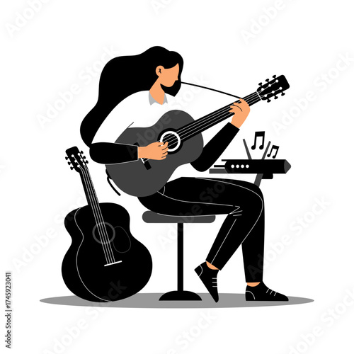 Music therapy session vector illustration showing person playing guitar for relaxation and emotional healing, ideal for stress relief and creative therapy visuals