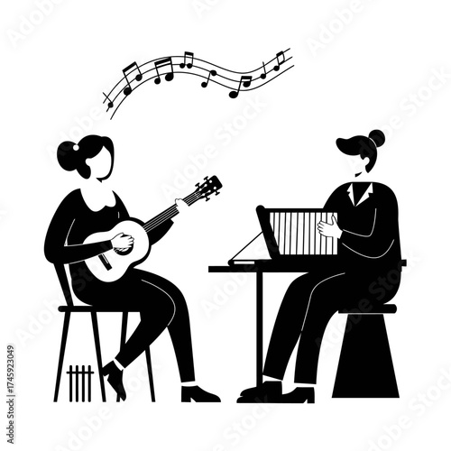 Vector illustration of therapist and patient using music therapy in a clinical session, highlighting mental wellness, communication, and emotional healing through music