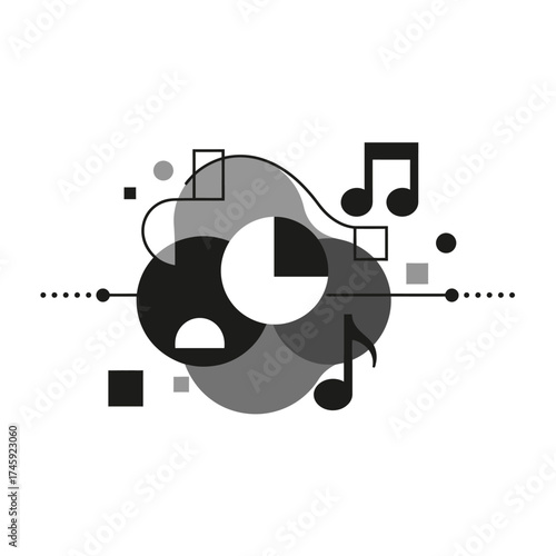 Abstract illustration representing music therapy concept with sound waves, music notes, and circular shapes symbolizing healing energy and inner balance