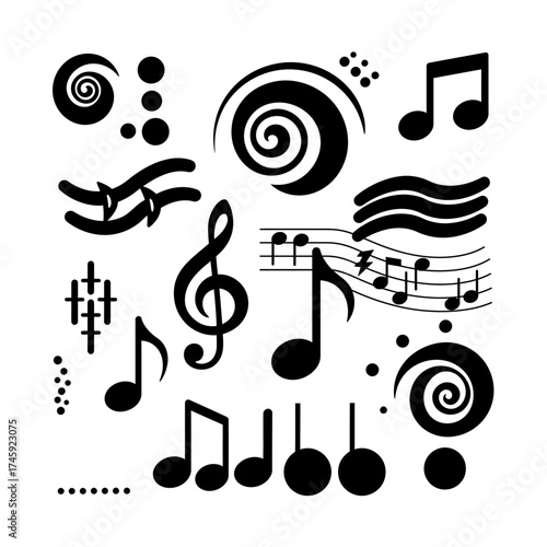 Artistic music therapy composition with musical symbols and abstract line art representing sound healing, mental relaxation, and emotional connection through rhythm