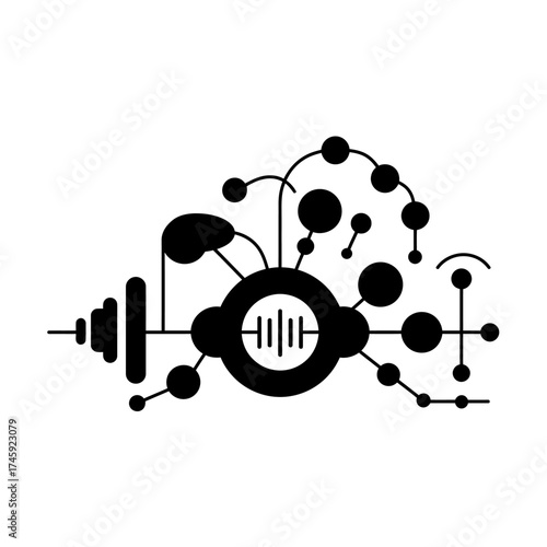 Minimal black and white vector of music therapy concept using sound waves and circular elements to represent emotional healing, meditation, and inner calm